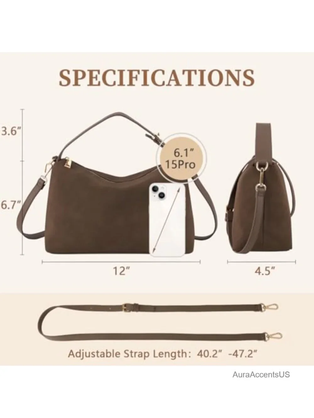 Suede Leather Hobo Bag Women Crossbody Shoulder Tote Detachable Strap